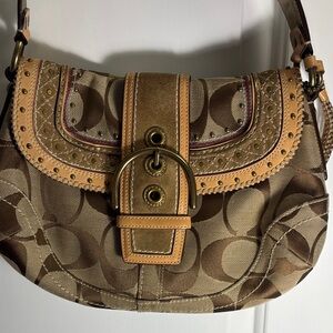 Coach Brown Signature Canvas Saddle Bag with Tan Leather Trim